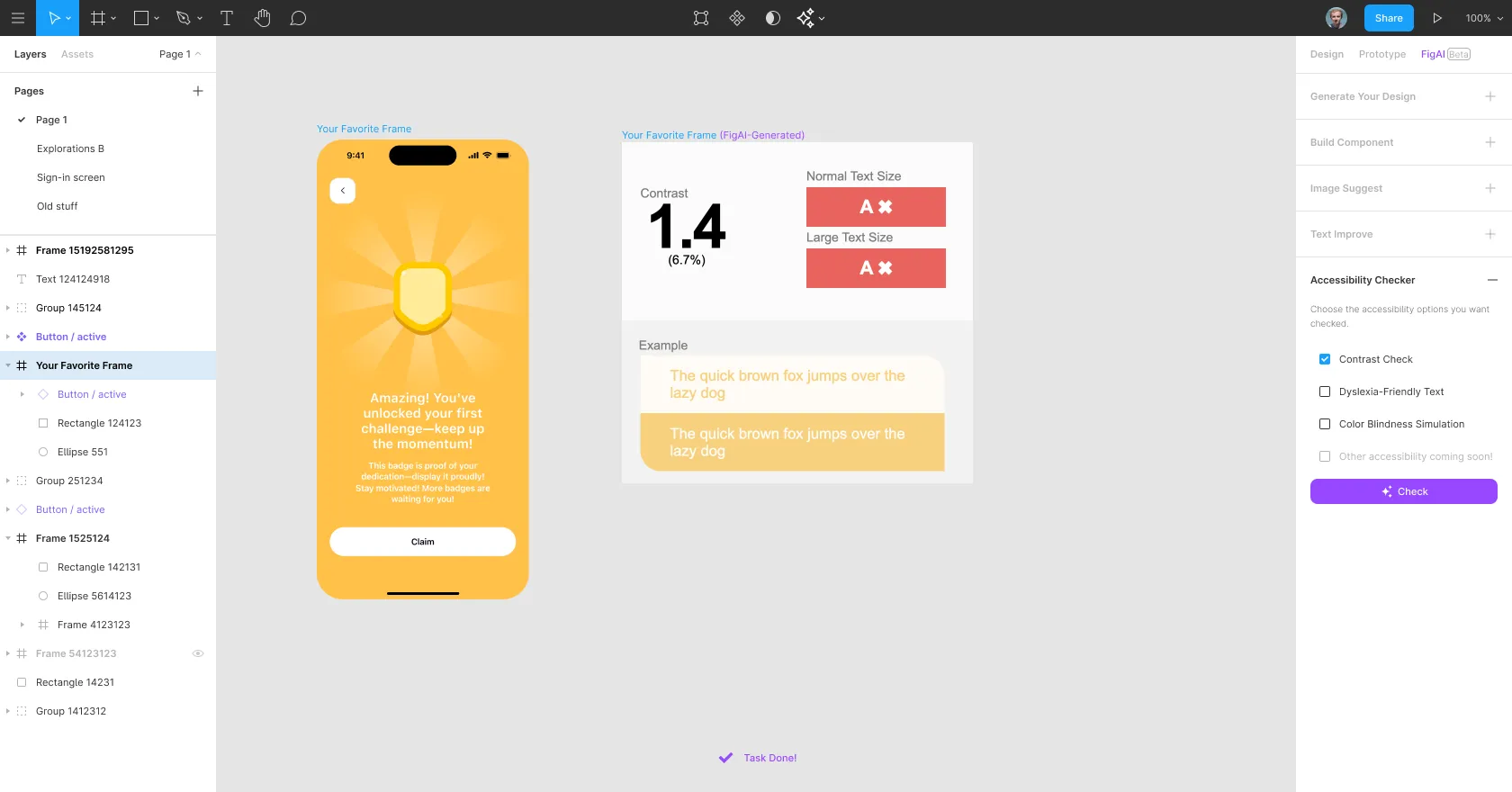 FigAI's accessibility checker showing a contrast ratio of 1.4 that fails for normal and large text
