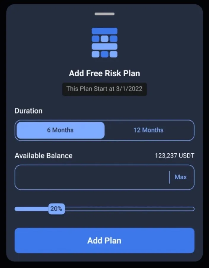 Add plan sheet: duration, available balance and a percentage slider at 20%