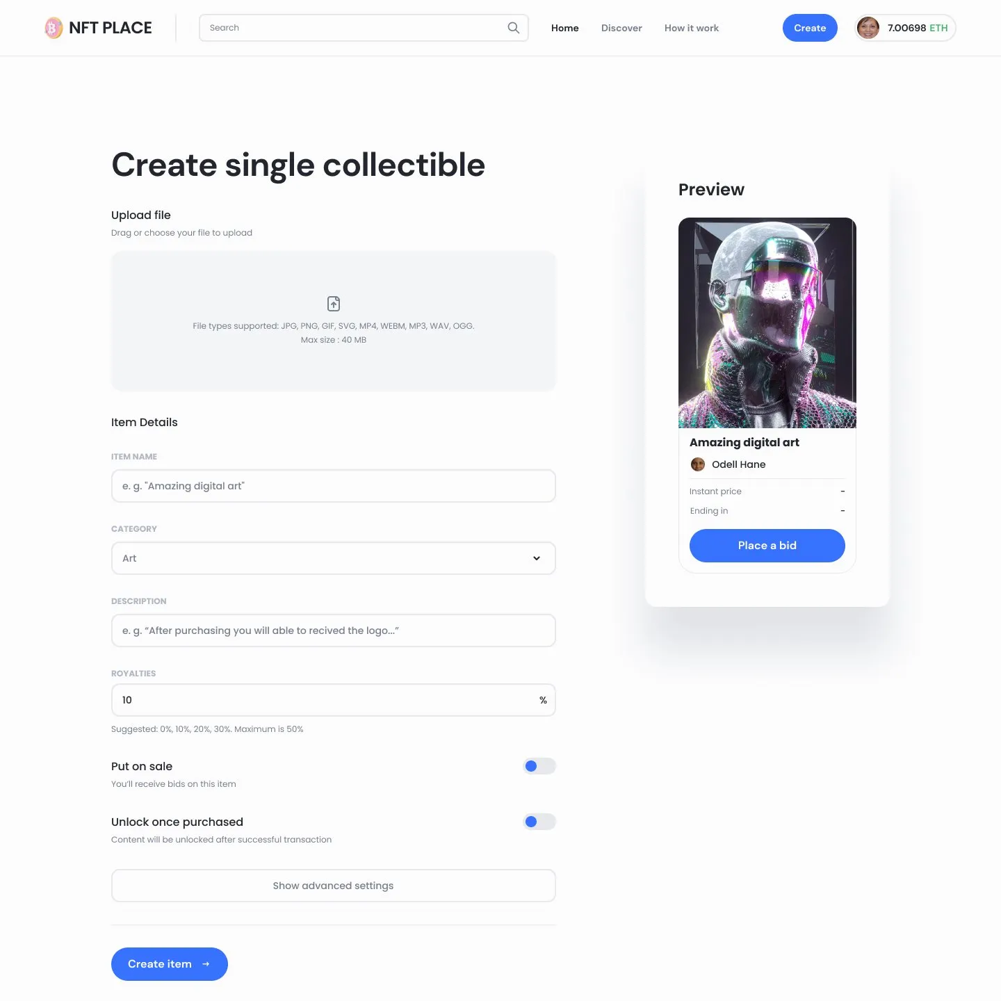 Create single collectible: upload, item details, royalties and toggles, with a live preview card