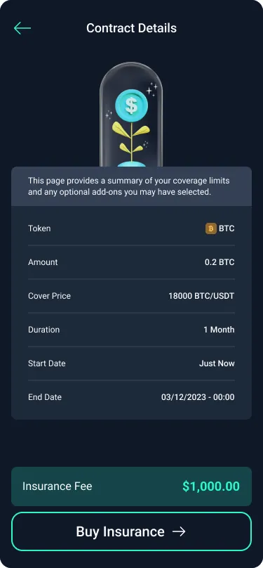 Contract details: token, amount, cover price, duration, dates and the insurance fee