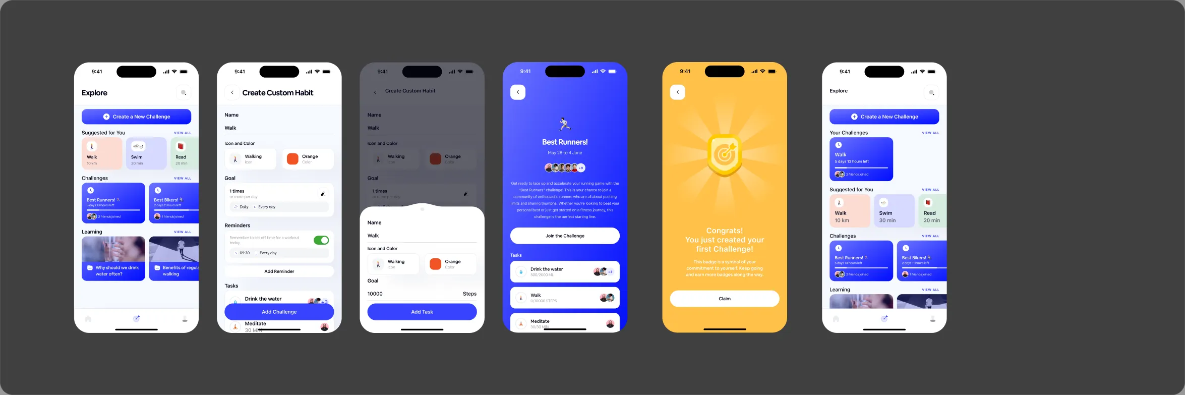 Forge explore: suggested challenges, creating a custom habit, joining a challenge and earning a badge