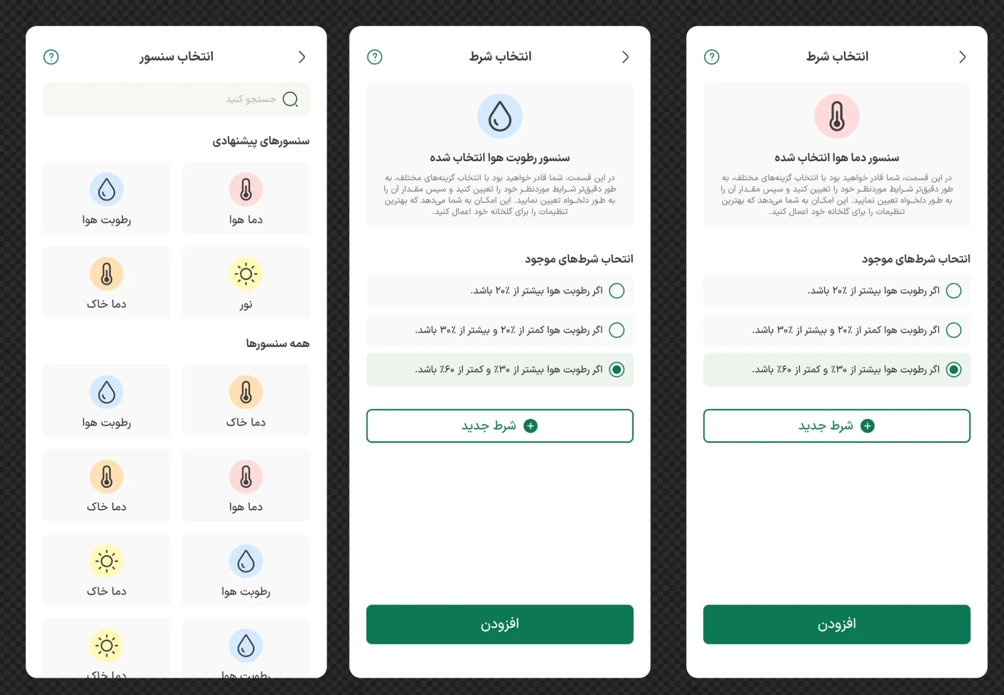 Three screens in Persian: suggested sensors and preset conditions for humidity and temperature