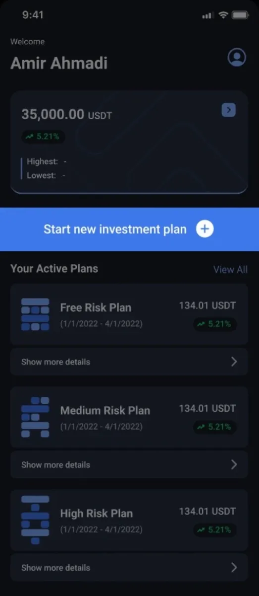 Home: total balance with profit, start new investment plan, and active plans with their risk icons