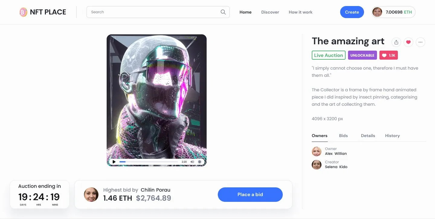 Item page in a live auction: countdown, highest bid and a Place a bid button