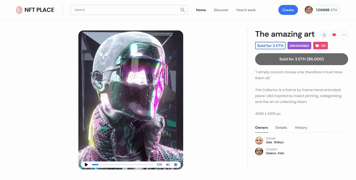 Item page after sale: the action becomes a grey Sold for 3 ETH