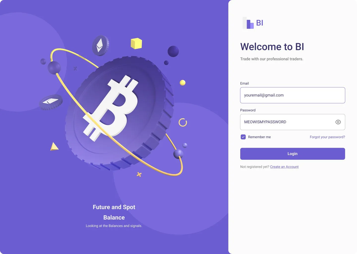 BI sign-in screen with an illustrated bitcoin on the left