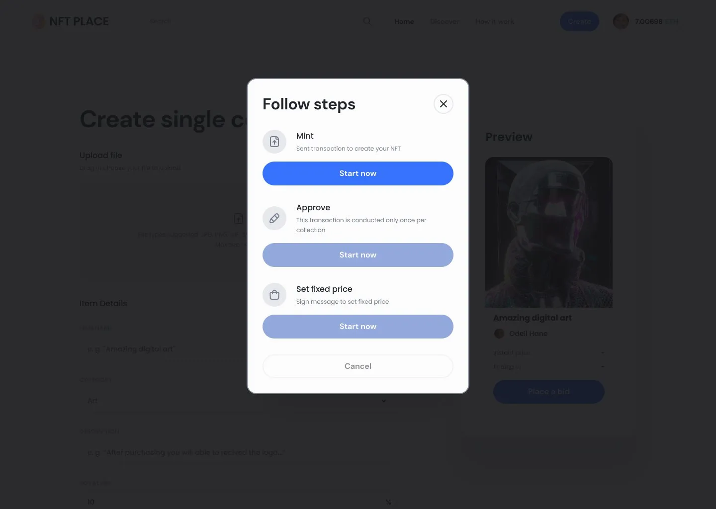 Follow steps window: Mint is active; Approve and Set fixed price wait their turn