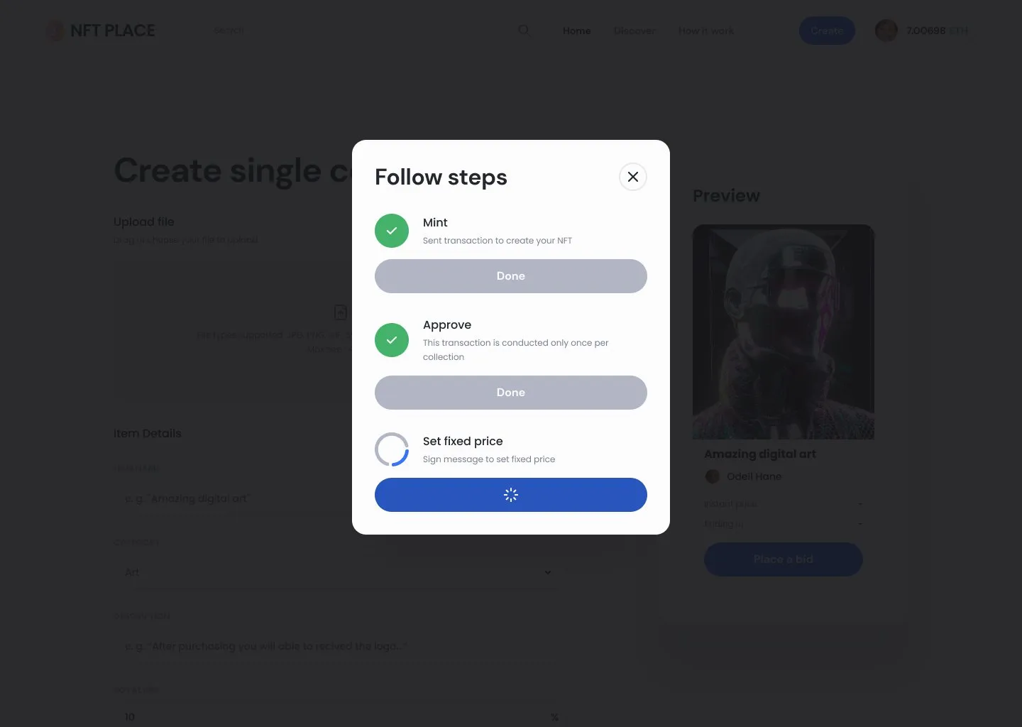 Follow steps window: Mint and Approve done, Set fixed price in progress