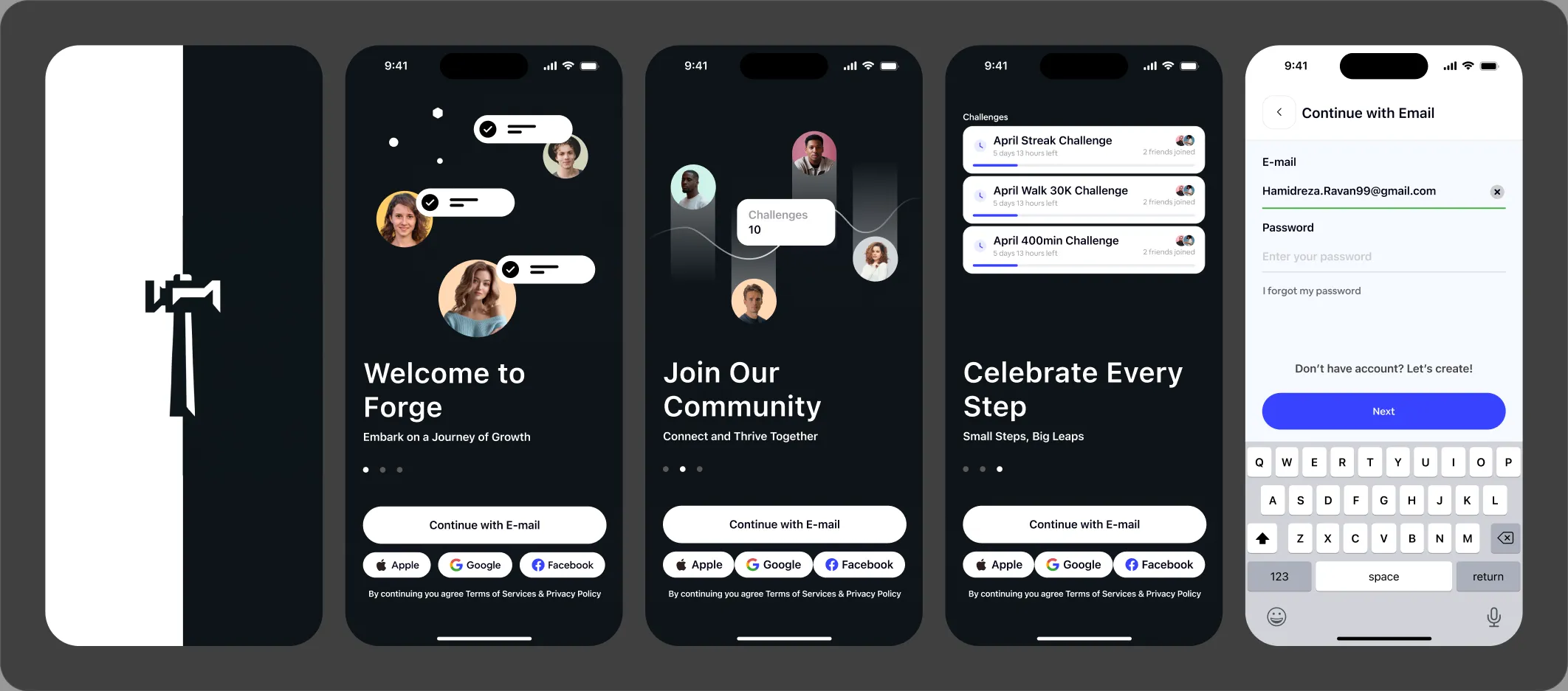 Forge onboarding: splash, three welcome screens and email sign-in