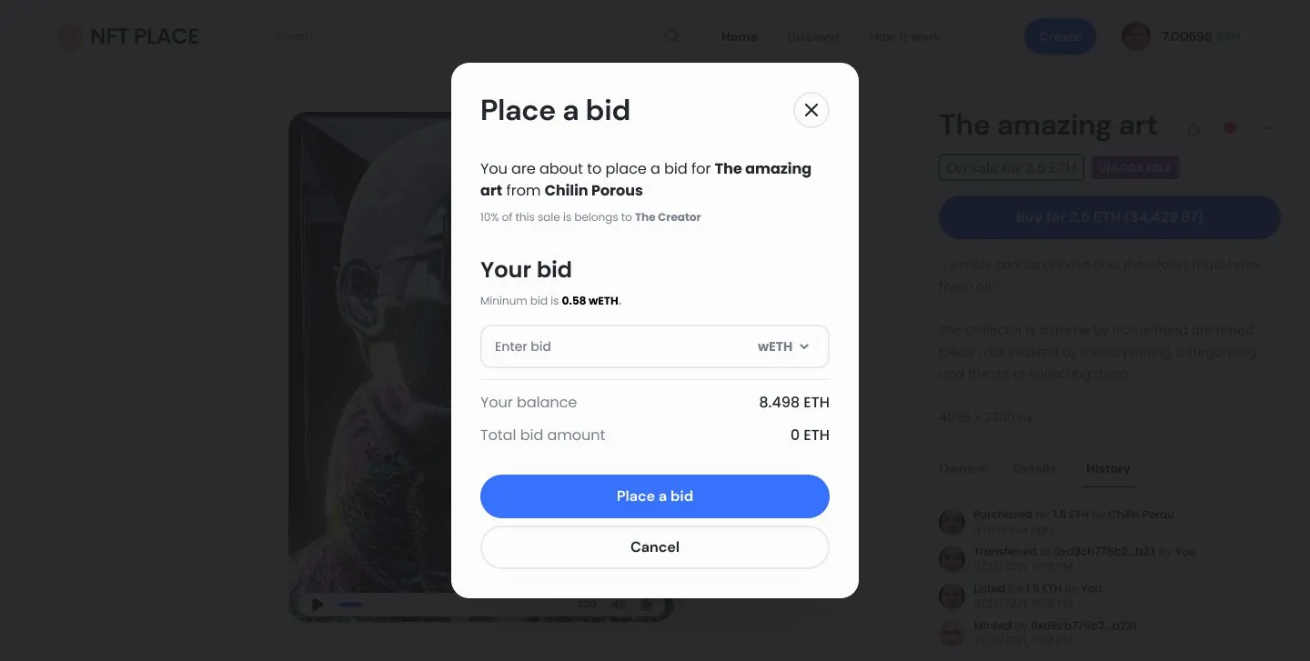 Place a bid window: minimum bid, balance, total and the creator's 10% royalty