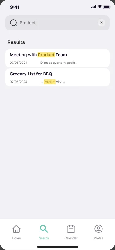 Search results with the matched word highlighted