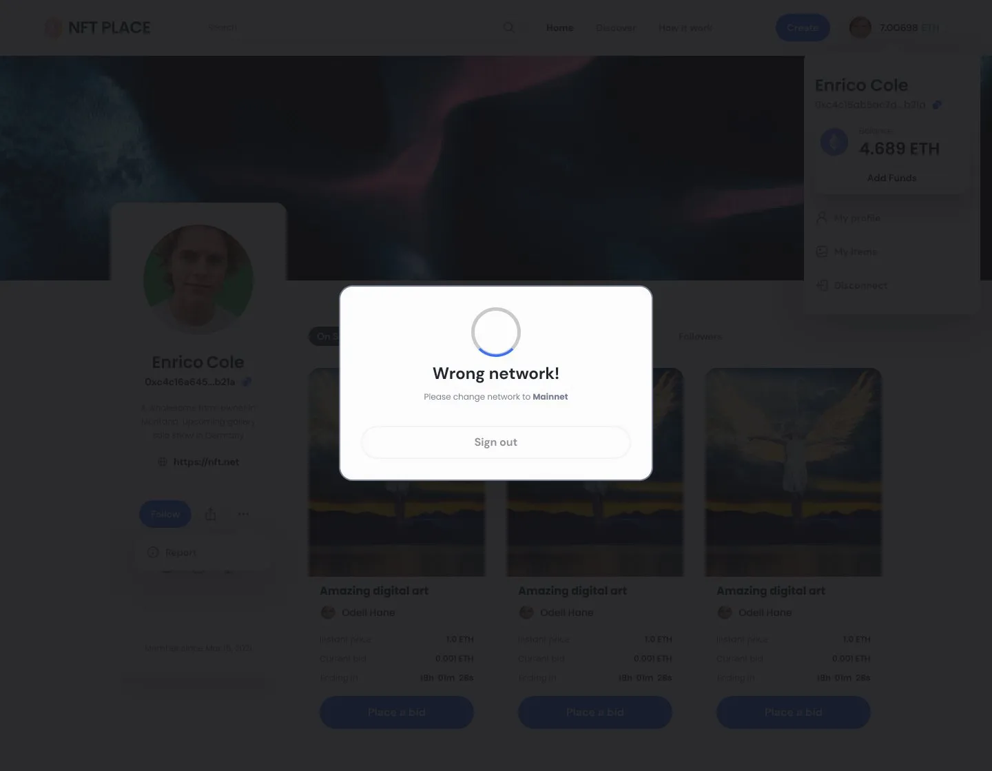 Wrong network message asking the user to switch to Mainnet, with a Sign out button